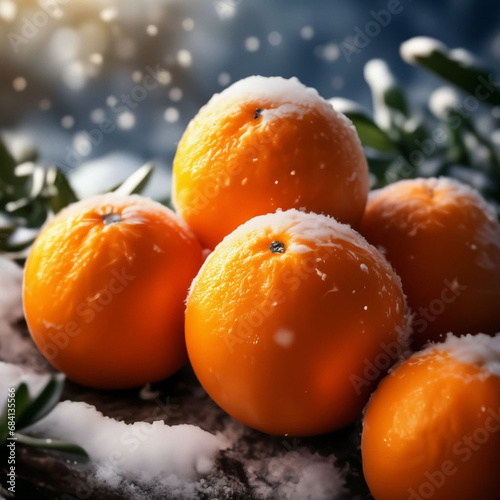Oranges on the snow with green leaves with New Year's mood.