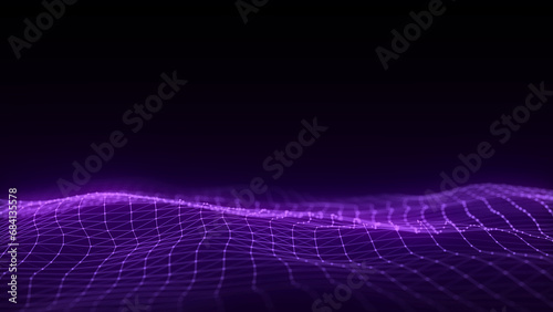 Dark cyberspace in digital background. Abstract technology wave with motion glowing dots and lines. Connection big data. Futuristic wireframe texture. Analysis a network connection. 3D rendering.