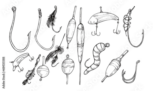 fishing hook handdrawn collection engraving