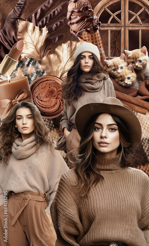 Fashion aesthetic moodboard, colors trends wallpaper. Hand made magazine clipping collage. Top color of the season brown. Design of collage made without ai generative