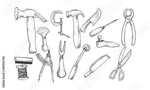 cobbler equipment handdrawn collection engraving