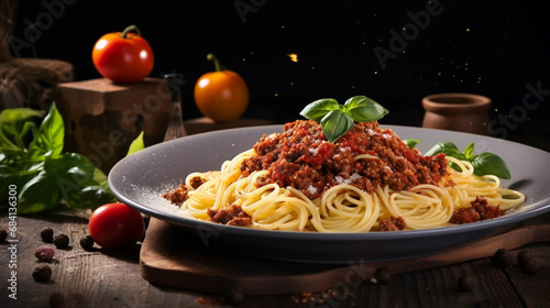 copy space, stockphoto for restaurant, taste spaghetti bolognese. Tasty spaghetti bolognese presented in a beautiful plate. Stockphoto for menu. Italian food. Healthy food concept.