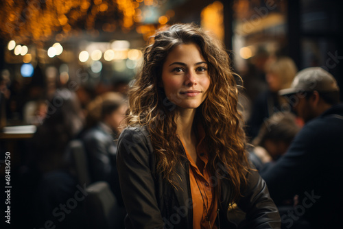 Portrait of stylish caucasian woman with lights on background