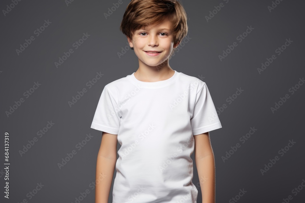 White blank t shirt mock up. Boy grey wall background White blank t shirt mock up. Boy grey wall background