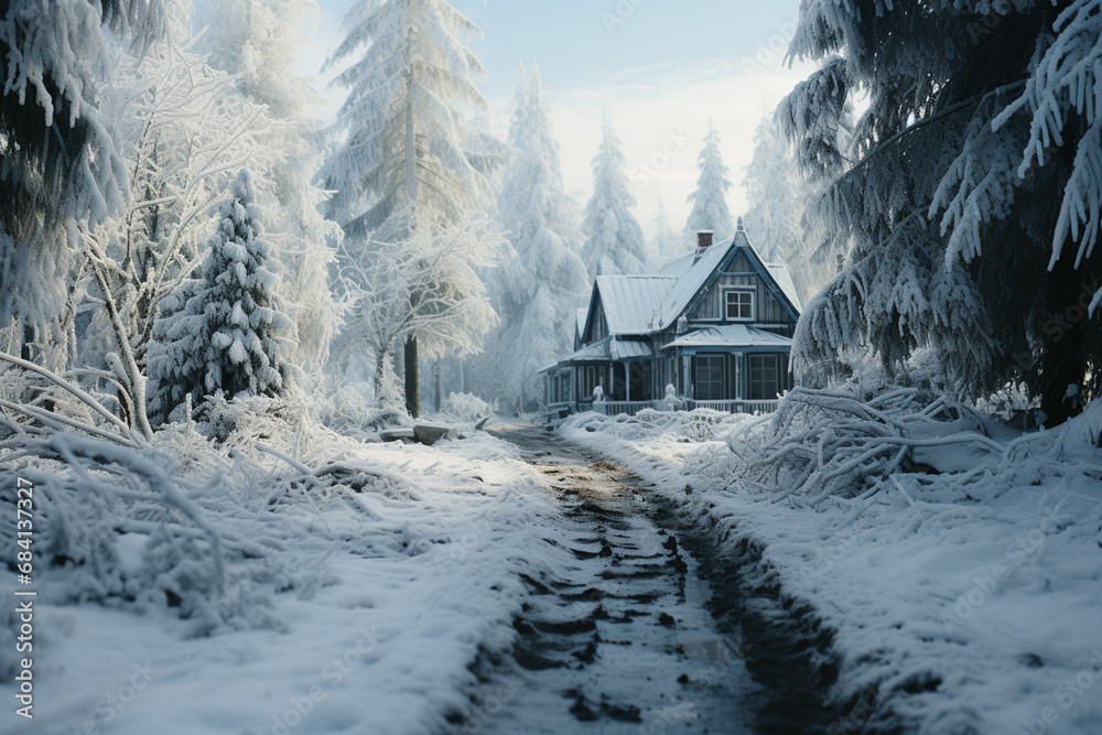 Illustration of houses and road in snow