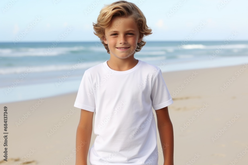 White blank t shirt mock up. Boy beach background White blank t shirt mock up. Boy beach background