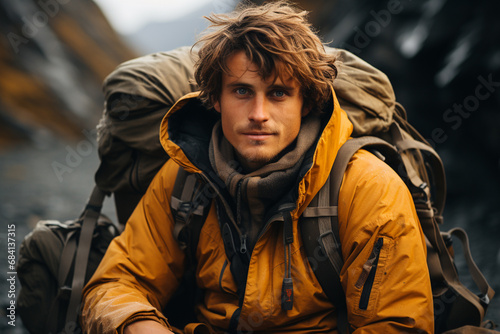 Portrait of male backpackers at mountains in rainy day