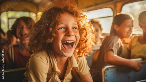 Happy school children laughing in front of the yellow school bus background.. © Virtual Art Studio