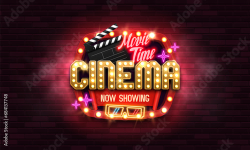 Movie time. Cinema banner or poster with retro neon signs. Vector illustration.