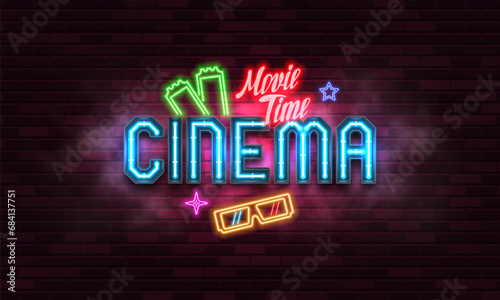 Movie time. Cinema banner or poster with retro neon signs. Vector illustration.