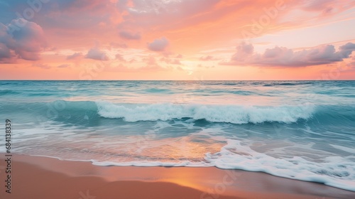 Closeup sea sand beach. Panoramic beach landscape. Inspire tropical beach seascape horizon photo