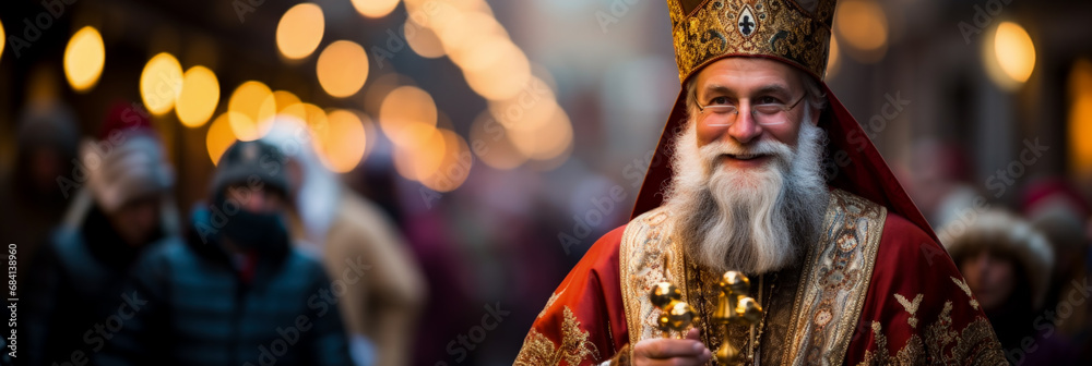 Charming Sinterklaas revered bishop wishing joy on St Nicholas Day  - obrazy, fototapety, plakaty 