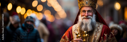 Charming Sinterklaas revered bishop wishing joy on St Nicholas Day Fototapet