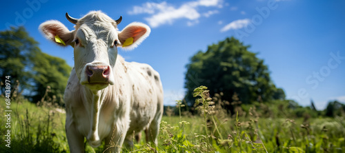 Charolais cow poses under sunlight in a verdant pasture 
