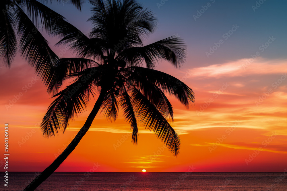 Coconut palm silhouette against radiant sunset sky backdrop 