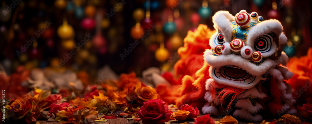 Colorful traditional Chinese New Year lion dances with red fan  - obrazy, fototapety, plakaty 