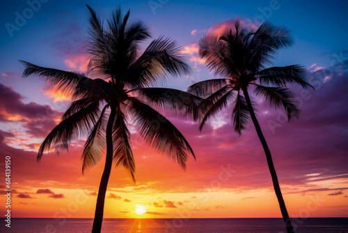 Coconut palm silhouette against radiant sunset sky backdrop  © fotogurmespb