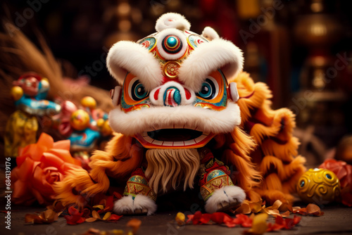 Colorful traditional Chinese New Year lion dances with red fan 