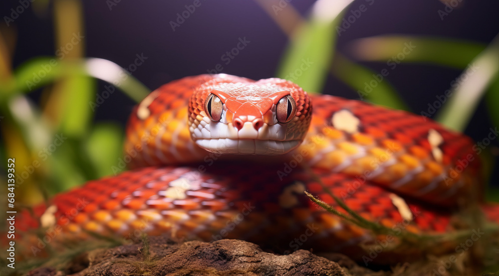 Fototapeta premium Bright orange corn snake coiled and poised, with detailed scales.