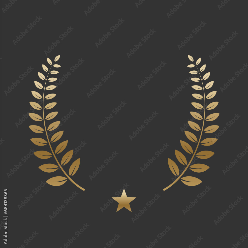 Realistic gold laurel wreath with golden star. Premium insignia, traditional victory symbol on black backdrop. Triumph, win poster, banner layout , shiny frame, border Realistic gold laurel wreath with golden star. Premium insignia, traditional victory symbol on black backdrop. Triumph, win poster, banner layout , shiny frame, border