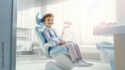 Сute healthy smiling child sits in a modern dentist chair of kids dentistry clinic. Dentist for children, modern dental clinic.