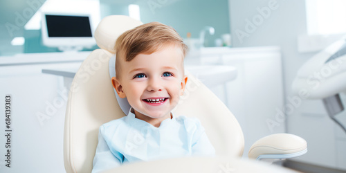Сute smiling child sits in a modern dentist chair of kids dentistry clinic. Dentist for children, modern dental clinic office.