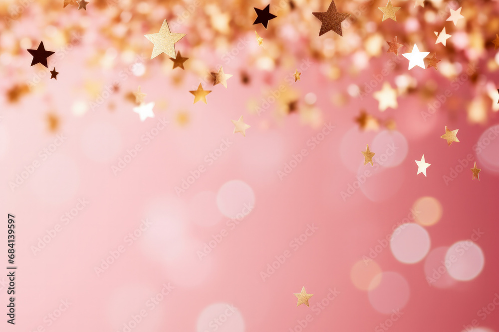 Gold star confetti on pink glittery festive background with space  - obrazy, fototapety, plakaty 
