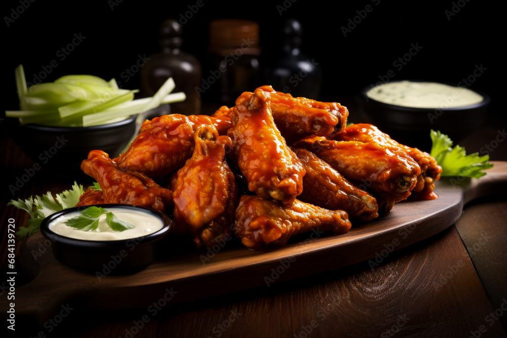 Hot buffalo wings melted sauce wooden table blurred backdrop Hot buffalo wings melted sauce wooden table blurred backdrop