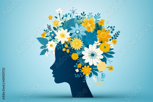 Human head icon with flowers blue backdrop; Mental Health Day 