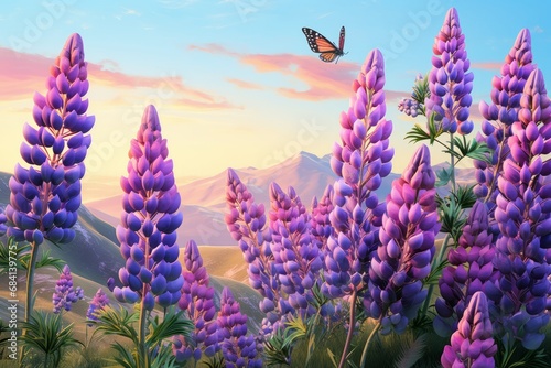 Stunning Display of Lupine Flowers Drawing Butterflies - A Closer Look at Nature's Splendour Generative AI