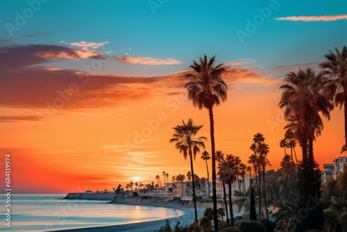 Discover the Stunning Serenity: Sunset, Palm Trees and Sea at Marbella! Generative AI photo