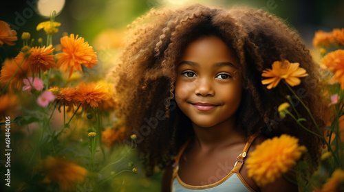 Beautiful African American girl in flowers. Girl on a background of flowers.