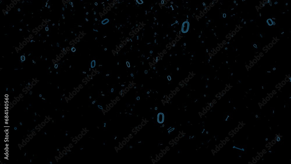 binnary bit 0 1 animation and slow motion endless loop blue glow falling from top with transparent background. Format quick time alpha rgb, video codec animation.