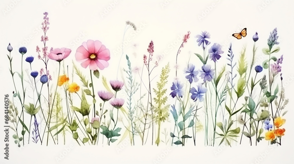 Hand painted watercolor meadow herbs and flowers on white background