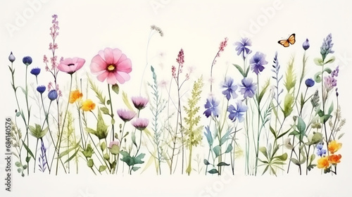 Hand painted watercolor meadow herbs and flowers on white background