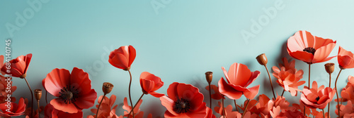 Red poppies on pastel symbolizing Remembrance Armistice Anzac Days  © fotogurmespb