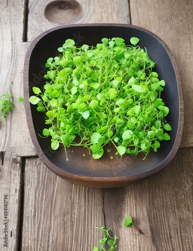 Fresh pea microgreen sprouts on a black wooden table.