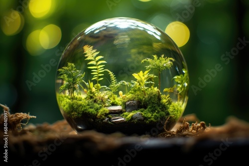 Glass sphere in a lush, vibrant jungle with green plants and grass. Backlit, photo-realistic landscape. Surreal, enchanted, and mystical photo