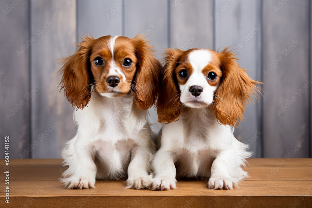 Two puppies isolated against a stark white backdrop sitting together 