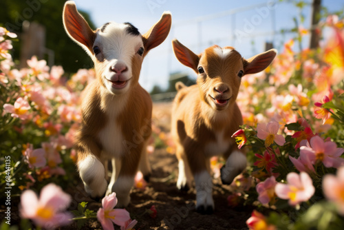Two playful baby goats frolic among flowers in a farm field 