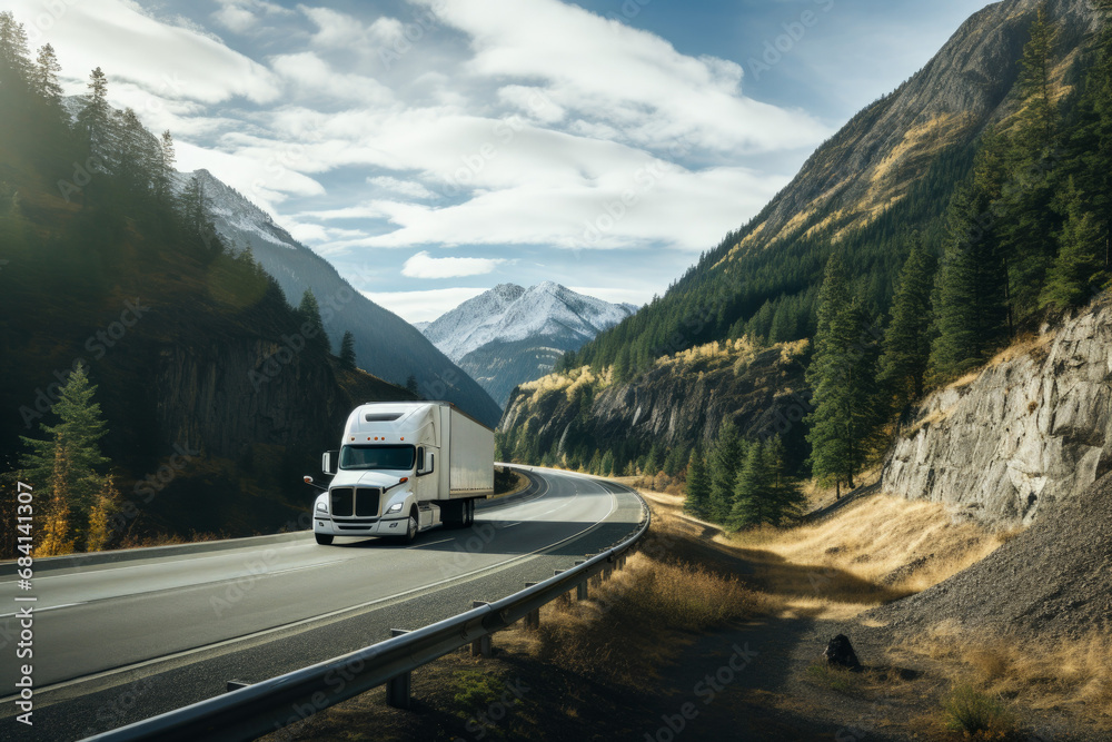 White truck traverses American road amid stunning natural surroundings White truck traverses American road amid stunning natural surroundings