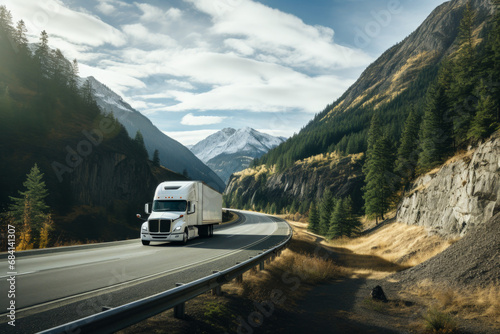 White truck traverses American road amid stunning natural surroundings 