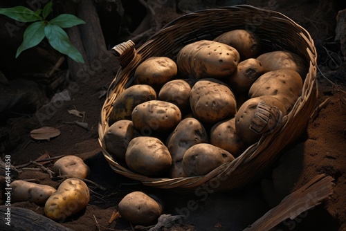 Unearthed Treasures  Captivating Sight of Fresh Potatoes Harvested in Baskets Generative AI