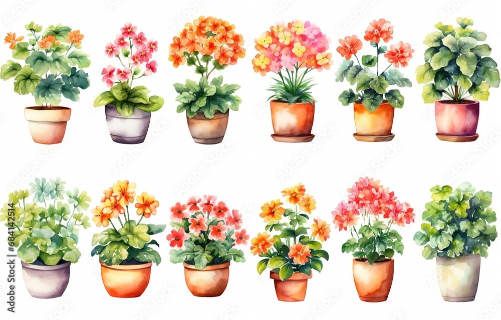 watercolor style illustration of various type of tropical flower pot plant, summer vibe collection set isolated on white background, Generative Ai