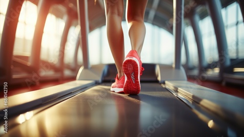 Female Muscular Feet in Sneakers Running on Treadmill at Gym, Feet of woman in sneakers training on treadmill in gym