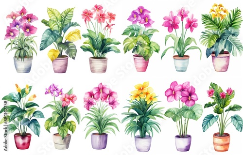 watercolor style illustration of various type of tropical flower pot plant  summer vibe collection set isolated on white background  Generative Ai