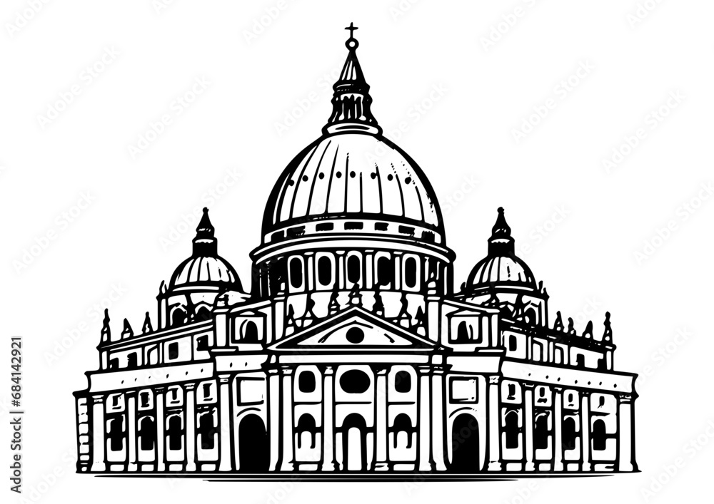  Italy. Vector sketch old town. Hand drawn public and religious buildings Cathedral, channels with gondolas.
