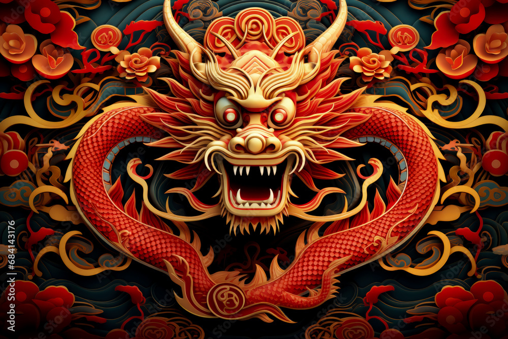 Red gold Chinese New Year dragon poster showcases festive design 