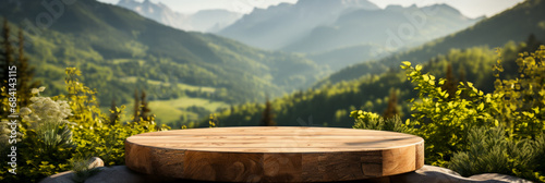 Wooden podium mockup stands empty against a natural backdrop 