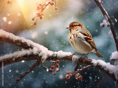Winter's Symphony: Striking Digital Print of a Sparrow in a Snowy Landscape Generative AI © monsifdx